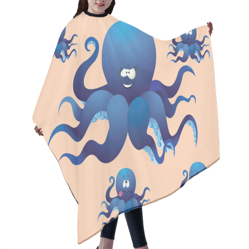 Personality  Blue Cheerful Cartoon Octopus, With A Different Face. Vector Illustration, A Set Of Pictures. Hair Cutting Cape