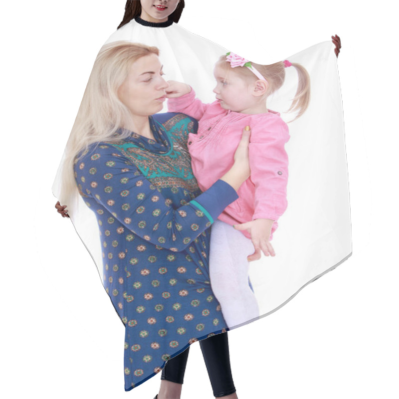 Personality  Mum Holds On Hands Of His Beloved Daughter. Hair Cutting Cape