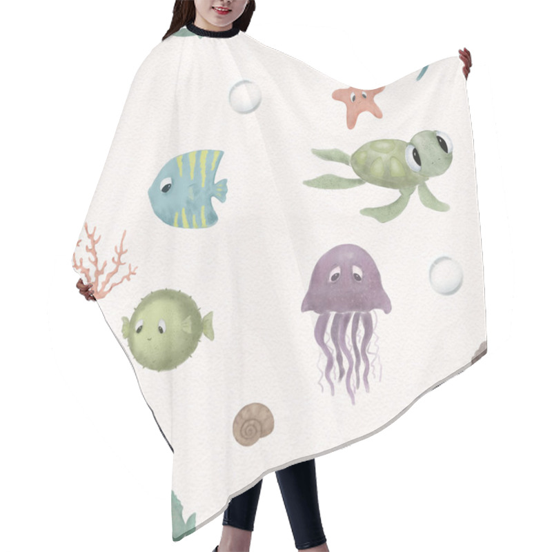 Personality  Sea Animal Patterns. Fish And Wild Marine Animals  On Background. Inhabitants Of The Sea World, Funny Underwater Creatures.  Cartoon Illustration Hair Cutting Cape