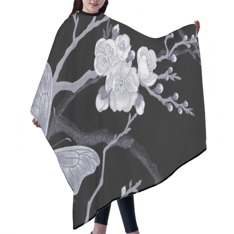 Personality  Seamless Pattern With Butterfly And Cherry Branch. Hair Cutting Cape