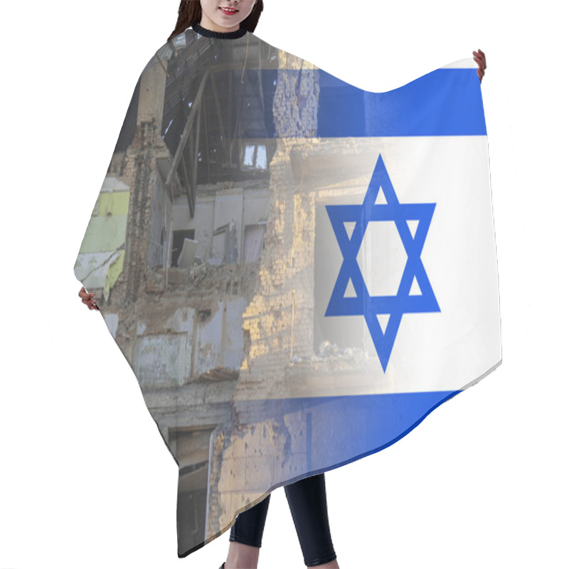 Personality  A Destroyed Residential Building Against The Background Of The Israeli Flag. Israeli-Palestinian Conflict. Terror Of Civilians Hair Cutting Cape