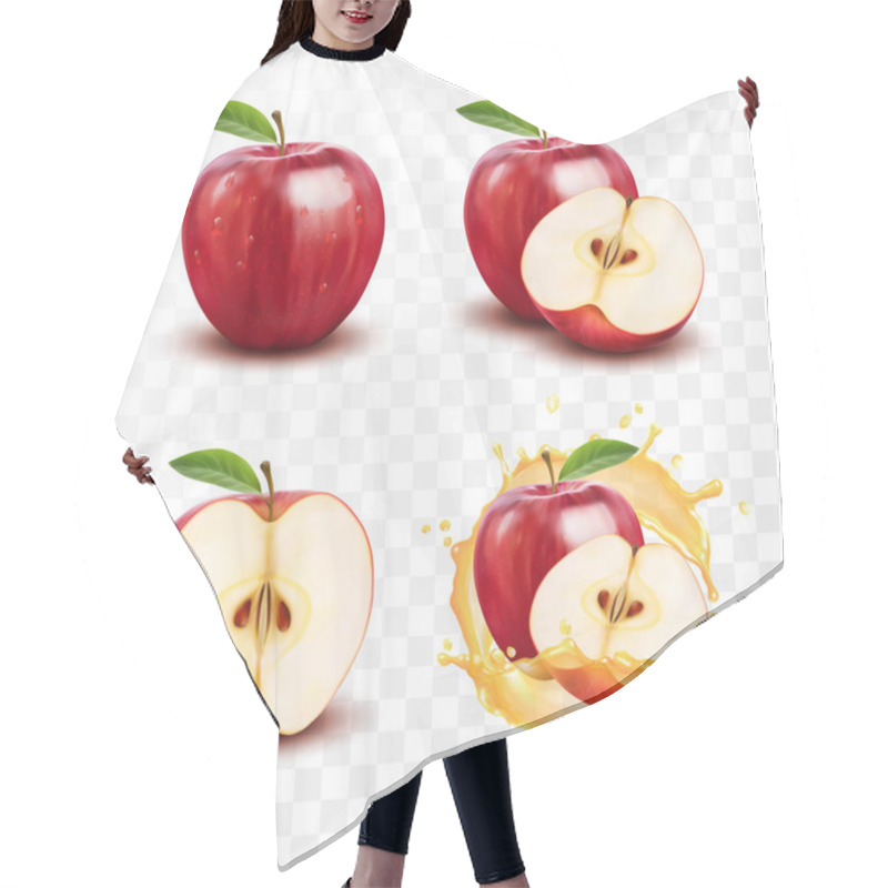 Personality  3d Realistic Transparent Isolated Vector Set, Whole And Slice Of Apple, Apple In A Splash Of Juice With Drops Hair Cutting Cape