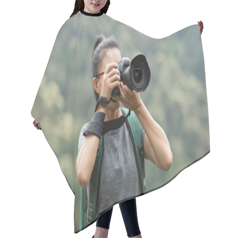 Personality  Woman Photographer Taking Photo On Spring Forest Mountain Hair Cutting Cape