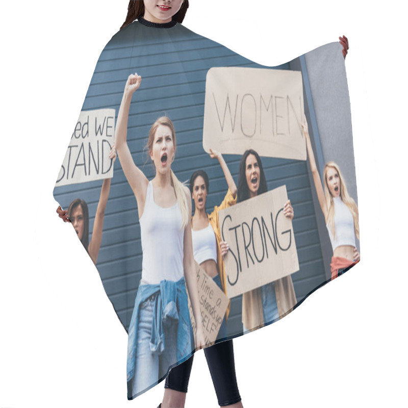 Personality  Five Multiethnic Feminists Holding Placards With Slogans And Screaming On Street Hair Cutting Cape