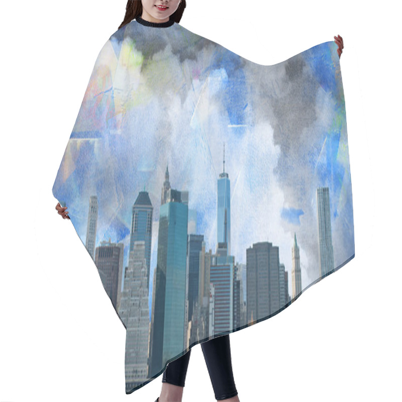 Personality  Modern Art. View To Manhattan. Hair Cutting Cape