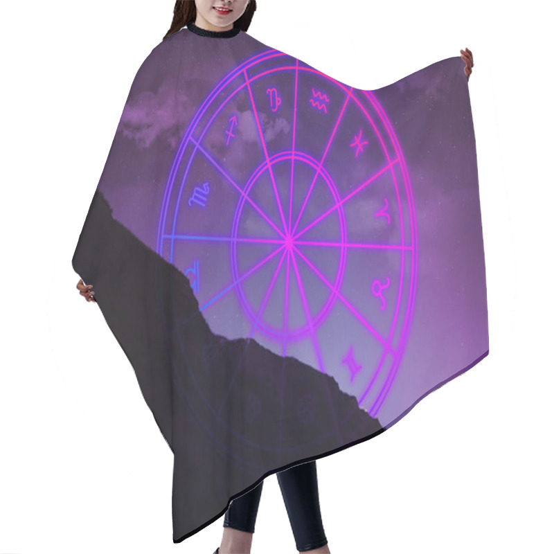 Personality  Astrology. Zodiac Wheel And Mountain Under Night Sky Hair Cutting Cape