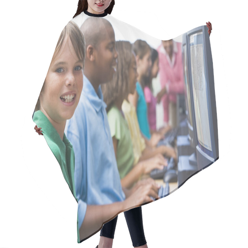 Personality  Male Pupil In Elementary School Computer Class Hair Cutting Cape