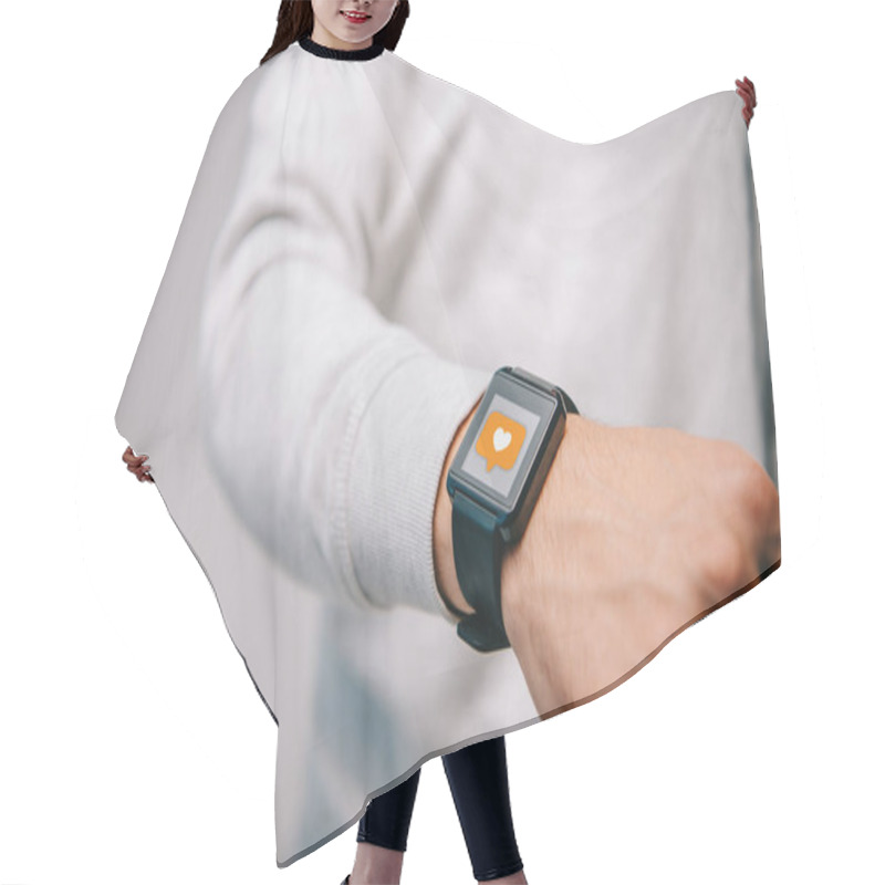 Personality  Cropped View Of Man With Smartwatch With Multimedia Like Icon Hair Cutting Cape