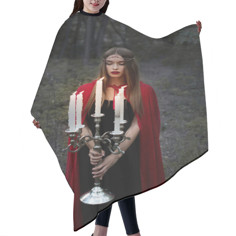 Personality  Beautiful Mystic Girl In Red Cloak Holding Candelabrum With Flaming Candles In Forest Hair Cutting Cape