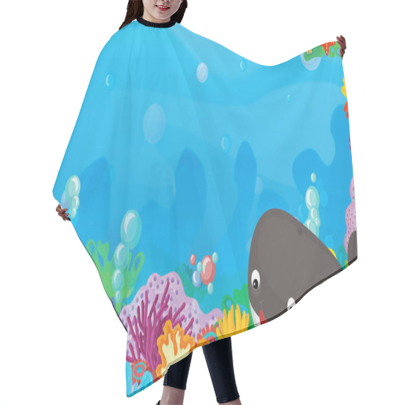 Personality  Cartoon Scene With Coral Reef With Happy And Cute Fish Swimming With Frame Space Text Whale- Illustration For Children Hair Cutting Cape