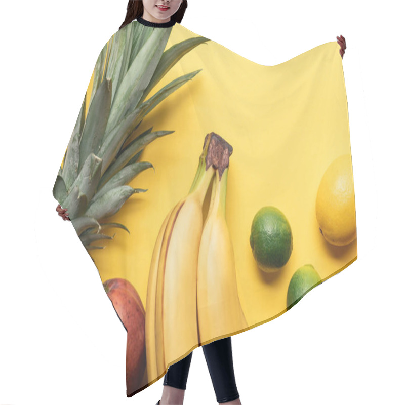 Personality  Top View Of Whole Ripe Bananas, Pineapple, Citrus Fruits And Mango On Yellow Background With Copy Space Hair Cutting Cape