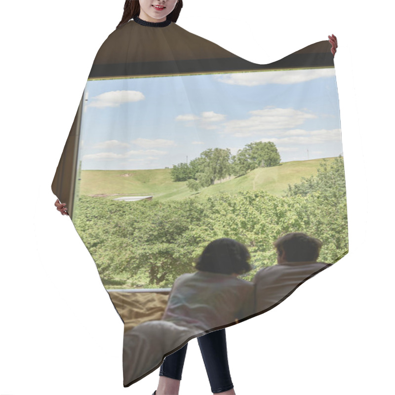 Personality  Scenic View, Back View Of Couple Lying On Bed And Looking At Green Trees On Hill Behind Window Hair Cutting Cape