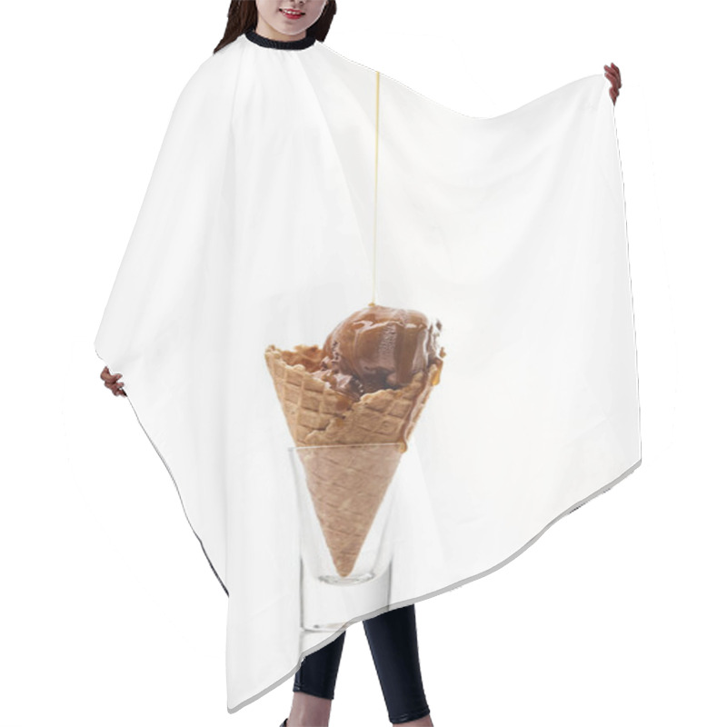 Personality  Delicious Sweet Ice Cream In Crispy Waffle Cone With Dripping Chocolate Isolated On White Hair Cutting Cape