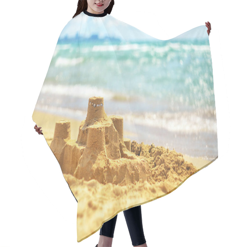 Personality  Sand Castle On The Sandy Shore Against The Background Of The Sea. Summer Landscape Hair Cutting Cape