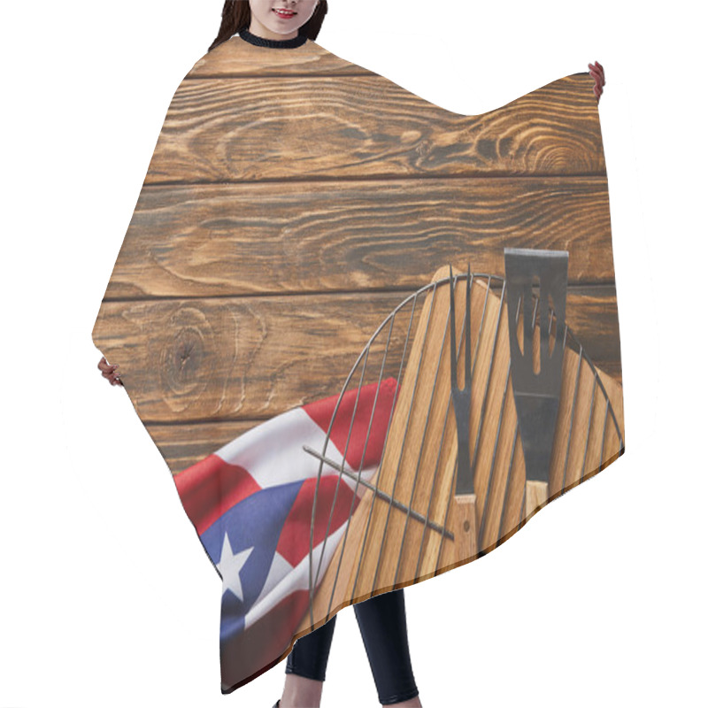 Personality  Top View Of Crumpled American Flag And Bbq Equipment On Wooden Rustic Table With Copy Space Hair Cutting Cape