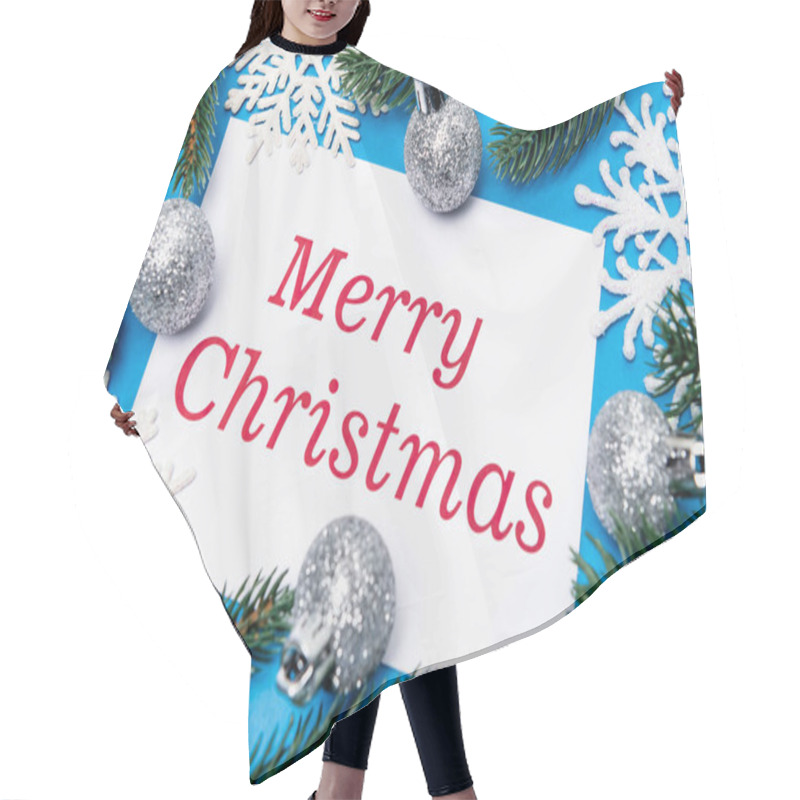 Personality  Top View Of Snowflakes, Silver Baubles And Spruce With Merry Christmas Card On Blue Background Hair Cutting Cape