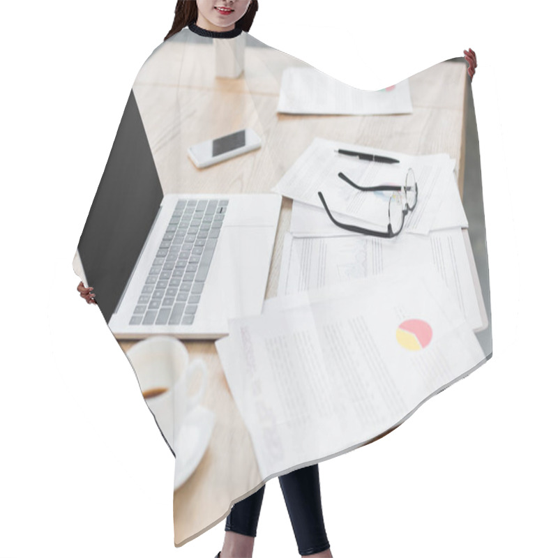 Personality  Laptop, Cup Of Coffee, Smartphone, Papers And Glasses On Table Hair Cutting Cape