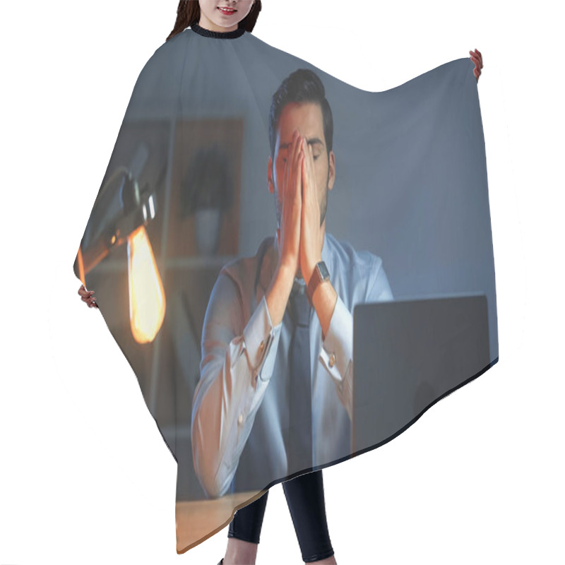 Personality  Businessman Covering Face With Hands While Working Late In Office Hair Cutting Cape