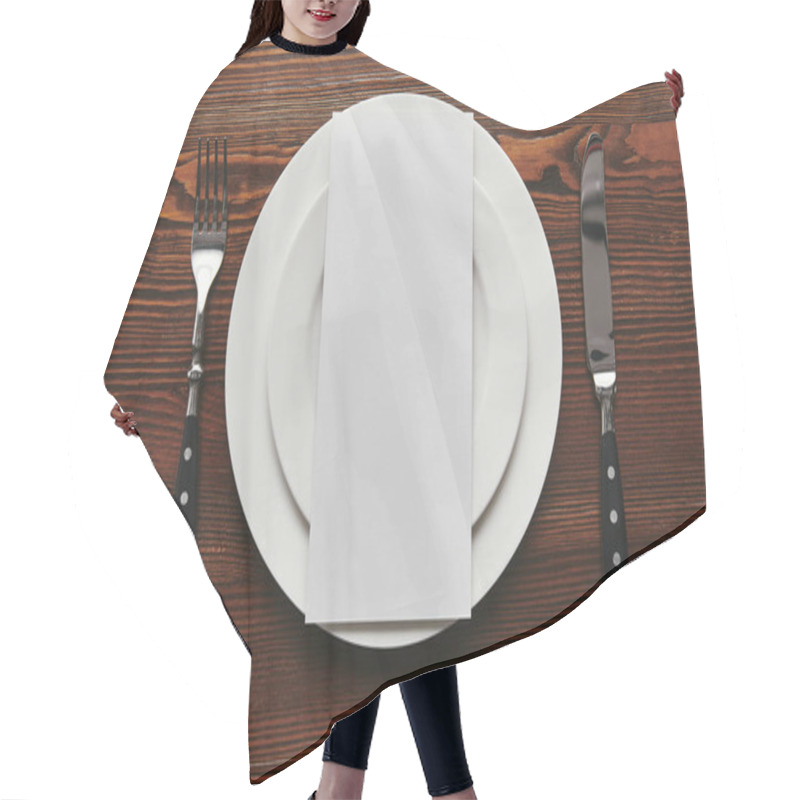 Personality  Top View Of Blank Card On White Plates With Fork And Knife On Wooden Table  Hair Cutting Cape