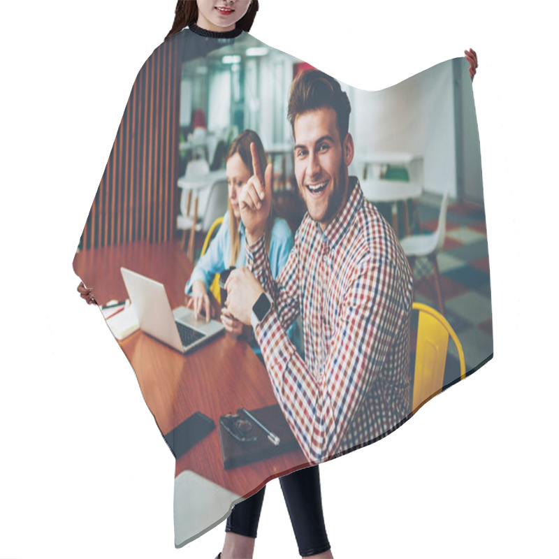 Personality  Portrait Of Successful Hipster Guy Have Creative Idea For Developing Own Studying Project.Positive Smart Young Man With Smartwatch Happy With Productive Solution While Smiling At Camera Hair Cutting Cape