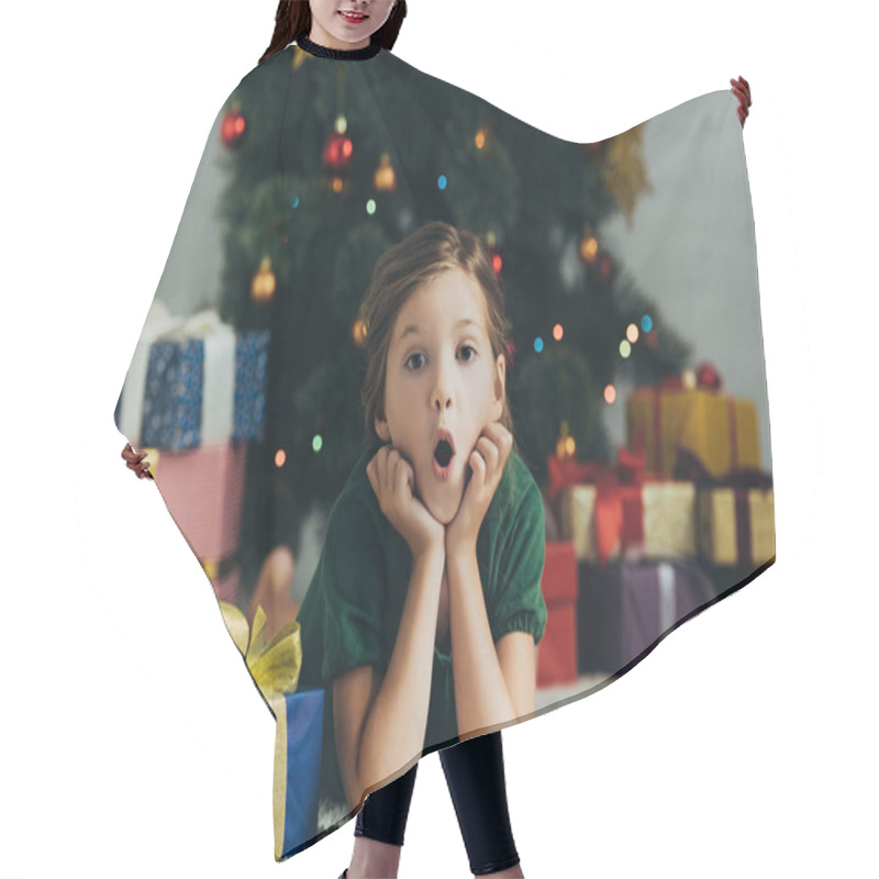 Personality  Surprised Child Lying On Floor Near Gift Box And Looking At Camera Hair Cutting Cape