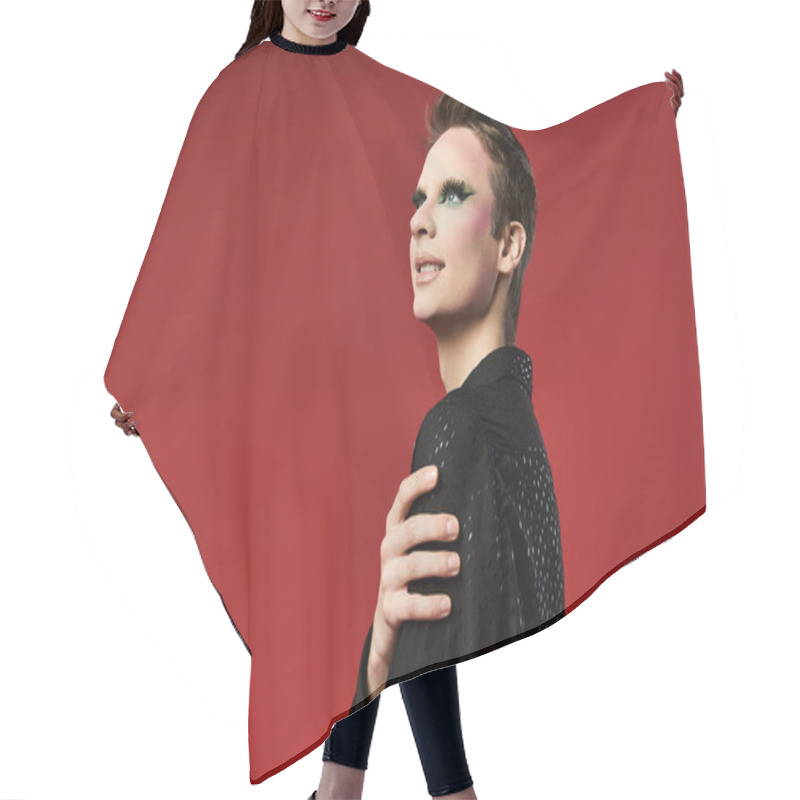 Personality  A Young Drag Artist Showcases Their Vibrant Style And Expressive Pose With Confidence. Hair Cutting Cape