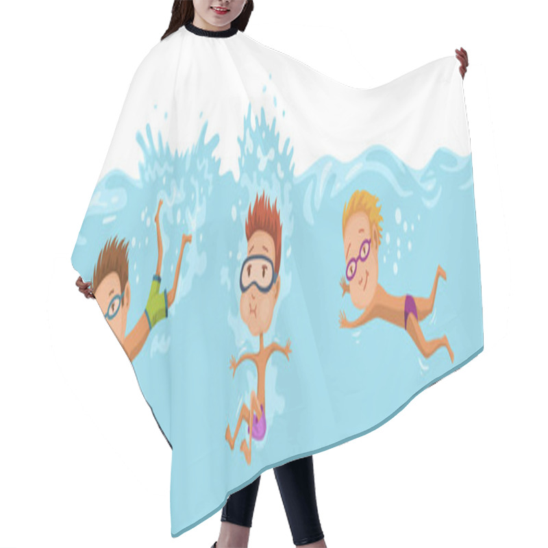 Personality  Childrens Swimming In Pool. Cheerful And Active Little Boys And Girls Swimming In Pool. Boys And Girls In Swimwear Are Swimming In A Children Pool. Underwater View. Sport Team Hair Cutting Cape