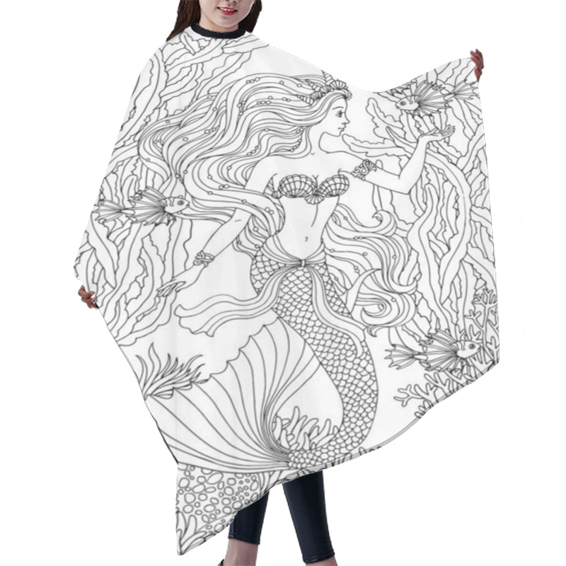 Personality  Beautiful Mermaid Undersea, Hand Drawn Vector Illustration On A White Background For Coloring Book. Hair Cutting Cape