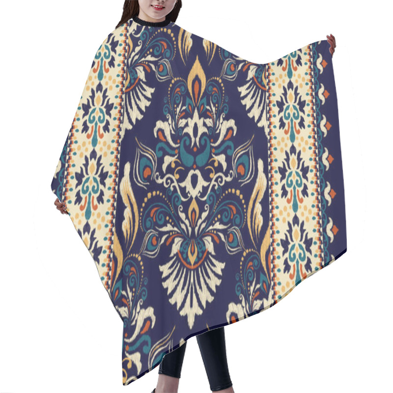 Personality  Ikat Floral Paisley Embroidery On Navy Blue Background.Ikat Ethnic Oriental Pattern Traditional.Aztec Style Abstract Vector Illustration.design For Texture,fabric,clothing,wrapping,decoration,carpet. Hair Cutting Cape