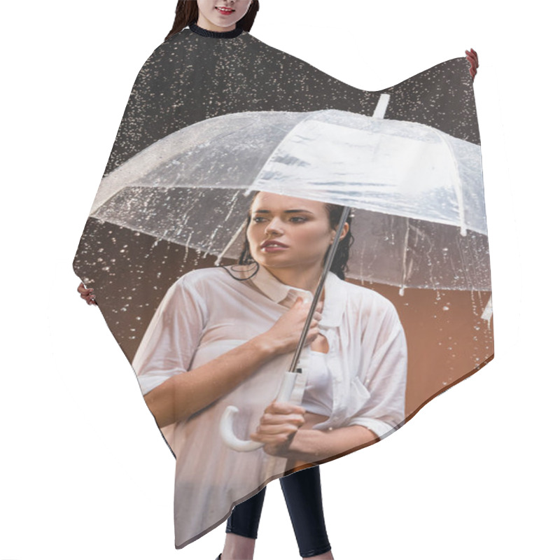 Personality  Young Woman In Wet White Shirt Standing Under Rain With Transparent Umbrella On Dark Background Hair Cutting Cape