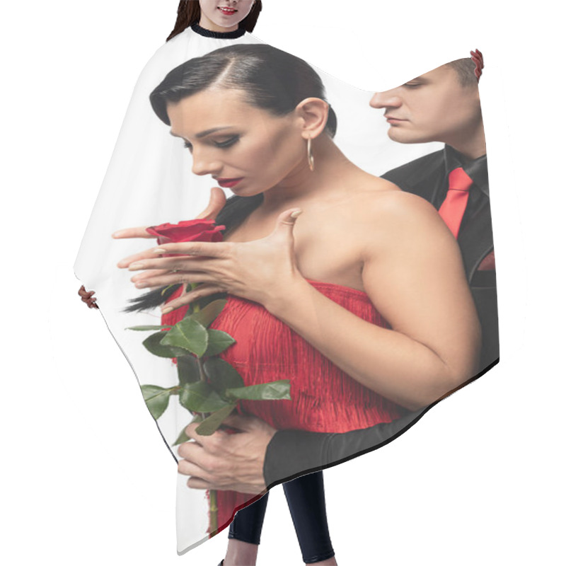 Personality  Handsome Dancer Gifting Red Rose To Beautiful Partner While Performing Tango Isolated On White Hair Cutting Cape