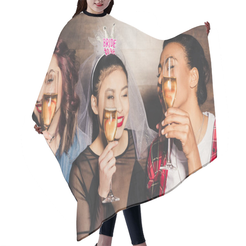 Personality  Multicultural Women With Champagne At Hen Party Hair Cutting Cape