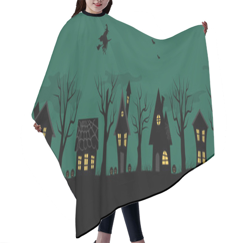 Personality  Halloween Houses. Spooky Village. Seamless Border. Black Silhouettes Of Houses And Trees On A Green Background. There Are Also Bats, Pumpkins And A Witch On A Broomstick In The Picture. Vector Hair Cutting Cape