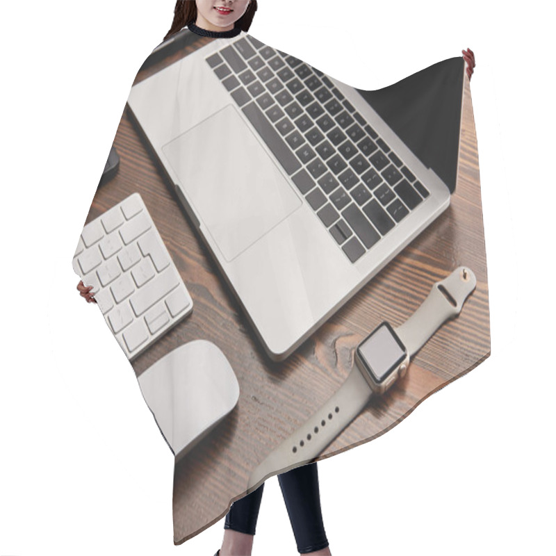 Personality  Close-up Shot Of Laptop With Other Various Gadgets On Work Desk Hair Cutting Cape