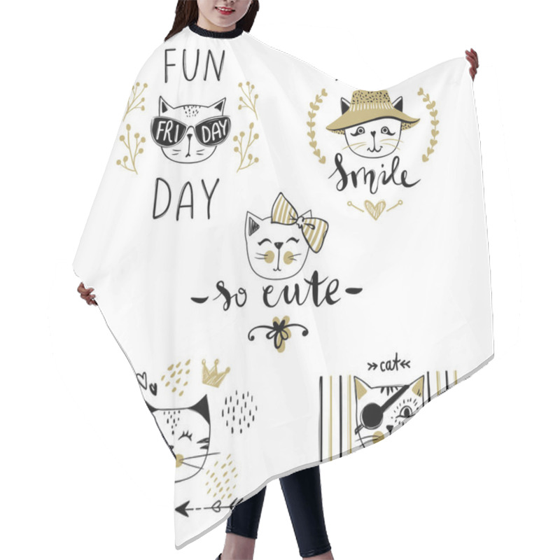 Personality  Vector Card Series With Cute Fashion Cats. Stylish Kitten Set. T Hair Cutting Cape