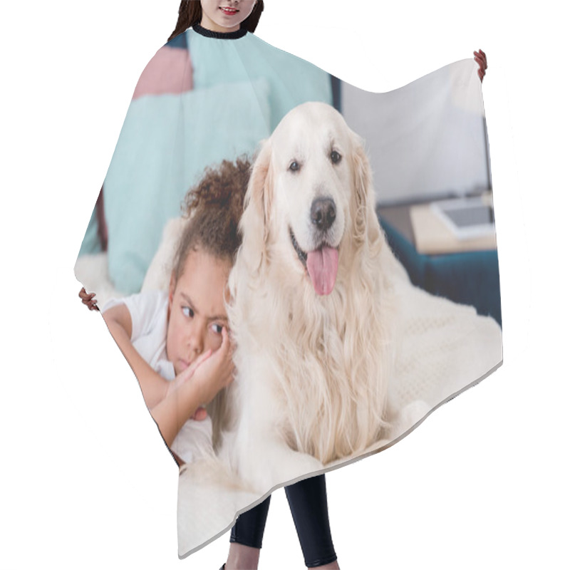 Personality   Little Frowned African American Kid Lying On Bed While Leaning To Dog Hair Cutting Cape