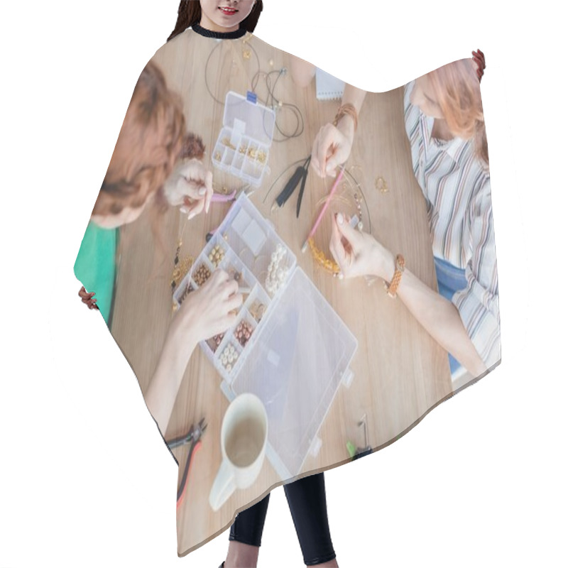 Personality  High Angle View Of Young Women In Handmade Accessories Workshop Hair Cutting Cape