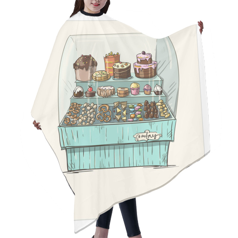 Personality  Hand Drawn Counter With Bakery. Shopwindow With Pastry Illustration. Hair Cutting Cape