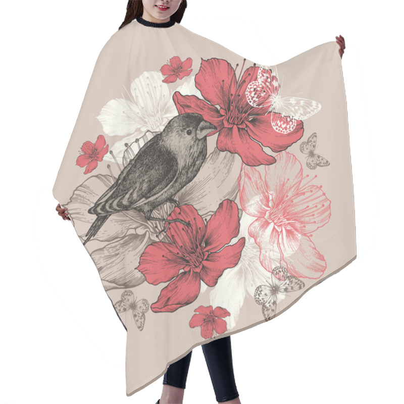 Personality  Flower Background With Bird, Butterfly And Flowering Apple Trees Hair Cutting Cape