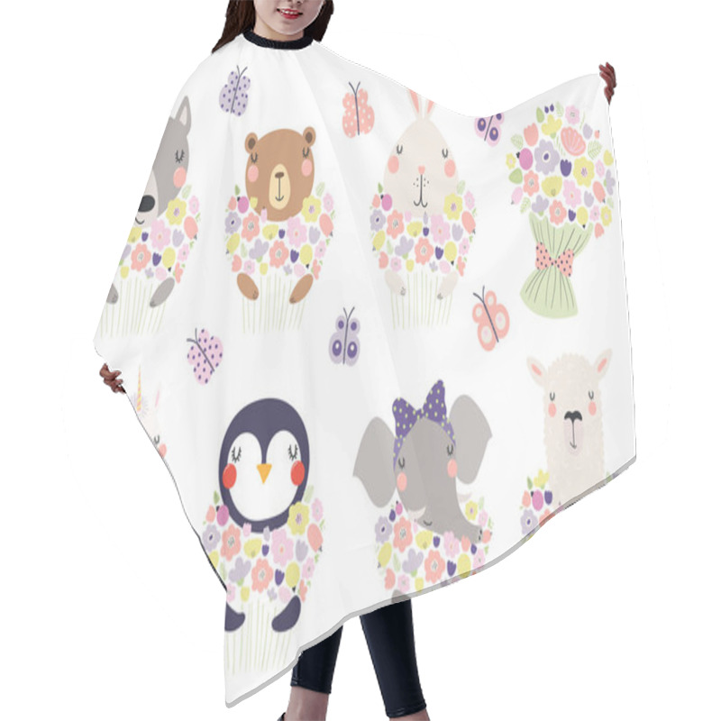 Personality  Set Of Cute Funny Little Animals With Flowers, Scandinavian Style Design,  Concept For Children Print Hair Cutting Cape