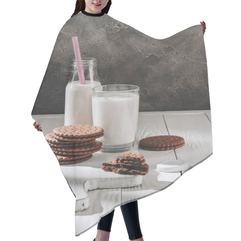 Personality  Stack Of Delicious Cookies With Glass And Bottle Of Milk On White Wooden Table Hair Cutting Cape