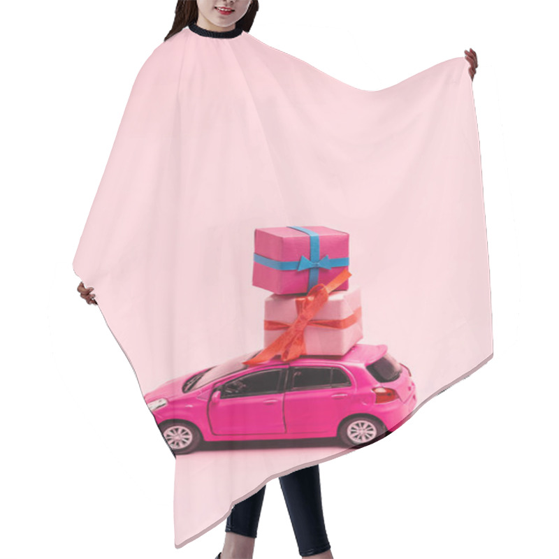 Personality  Toy Car And Gift Boxes On Pink Background Hair Cutting Cape