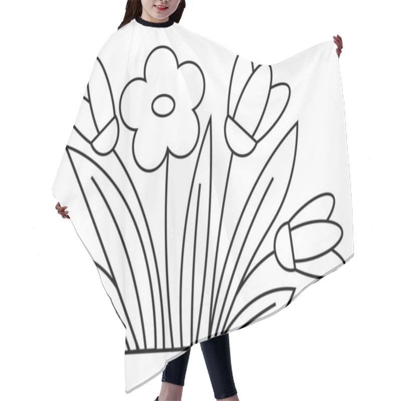 Personality  Black And White Drawing Of A Single Flower With Three Buds And Leaves. Ideal For Coloring Books, Educational Materials, Botanical Themes, Minimalist Design, And Nature Appreciation. Simple Line Art. Hair Cutting Cape