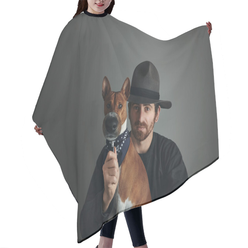 Personality  Adventurer Looks On Camera With His Dog Through Magnifyer Hair Cutting Cape