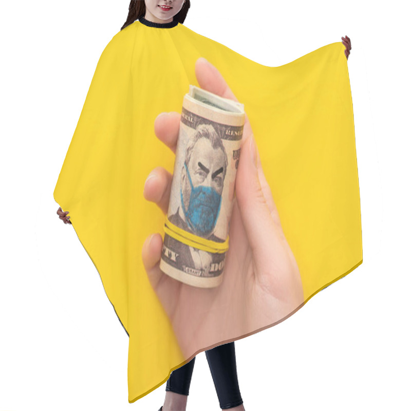 Personality  Cropped View Of Woman Holding Money Roll With Drawn Medical Mask On Yellow Background Hair Cutting Cape