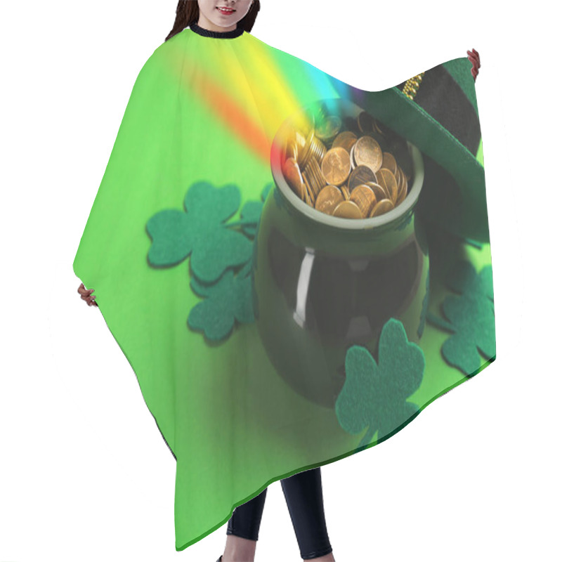 Personality  Pot With Gold Coins, Hat And Clover Leaves On Green Background, Space For Text. St. Patrick's Day Celebration Hair Cutting Cape