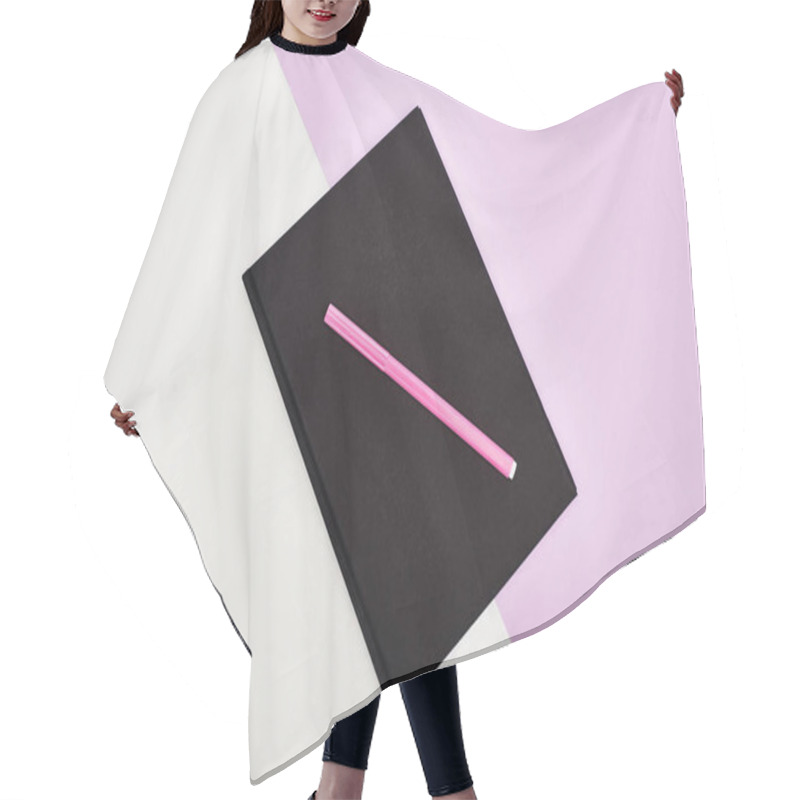 Personality  Flat Lay With Black Notebook With Pink Felt Pen On Violet And White Background Hair Cutting Cape