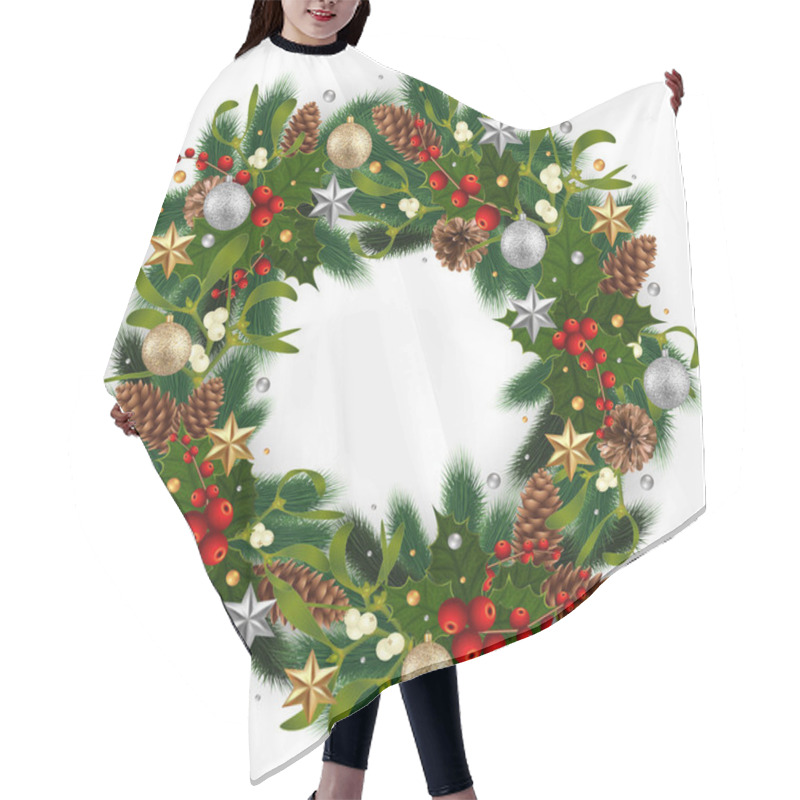 Personality  Illustration Of Christmas Wreath With Fir Tree Branches, Mistletoe, Holly Berries, Fir And Pine Cones, Balls And Stars Isolated Hair Cutting Cape