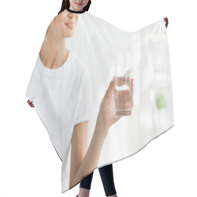 Personality  Cropped View Of Smiling Girl Holding Glass Of Water In The Morning Hair Cutting Cape