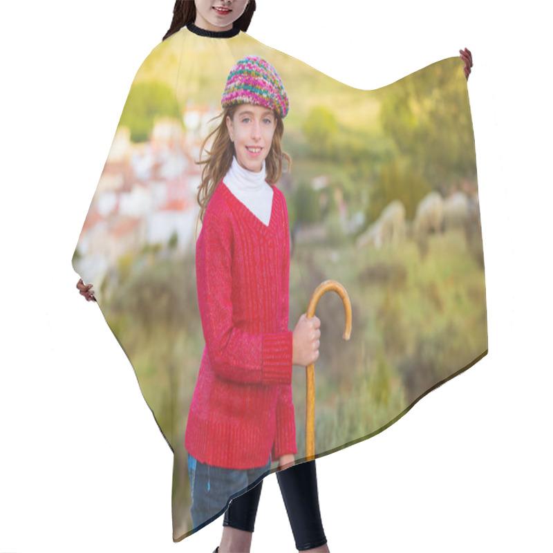 Personality  Kid Girl Shepherdess With Wooden Baston In Spain Village Hair Cutting Cape